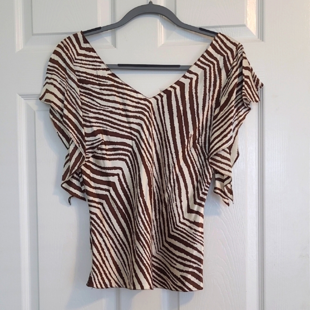 100% Silk Brown Zebra Print V-Neck Y2K Split Sleeve Blouse Med TheLimited
